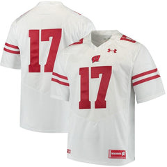 #17 Wisconsin Badgers Under Armour Premier Performance Football Jersey – White 2019