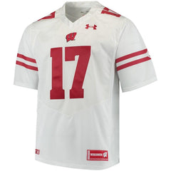 #17 Wisconsin Badgers Under Armour Premier Performance Football Jersey – White 2019