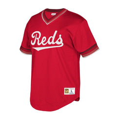 Cincinnati Reds Mitchell & Ness Cooperstown Collection Mesh Wordmark V-Neck Jersey – Red 2019