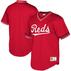 Cincinnati Reds Mitchell &amp; Ness Youth Cooperstown Collection Mesh Wordmark V-Neck Jersey – Red 2019