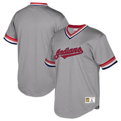 Cleveland Indians Mitchell &amp; Ness Cooperstown Collection Mesh Wordmark V-Neck Jersey – Gray 2019