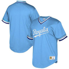 Kansas City Royals Mitchell &amp; Ness Cooperstown Collection Mesh Wordmark V-Neck Jersey – Light Blue 2019