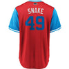 Image of Jake Arrieta "Snake" Philadelphia Phillies Majestic Players' Weekend Cool Base Jersey – Scarlet/Light Blue 2019