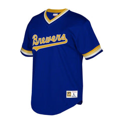 Milwaukee Brewers Mitchell & Ness Cooperstown Collection Mesh Wordmark V-Neck Jersey – Royal 2019