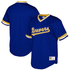 Milwaukee Brewers Mitchell &amp; Ness Cooperstown Collection Mesh Wordmark V-Neck Jersey – Royal 2019