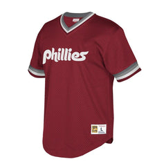 Philadelphia Phillies Mitchell & Ness Cooperstown Collection Mesh Wordmark V-Neck Jersey – Burgundy 2019