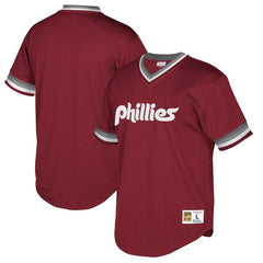 Philadelphia Phillies Mitchell &amp; Ness Cooperstown Collection Mesh Wordmark V-Neck Jersey – Burgundy 2019