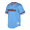 Image of Philadelphia Phillies Mitchell &amp; Ness Cooperstown Collection Mesh Wordmark V-Neck Jersey – Light Blue 2019