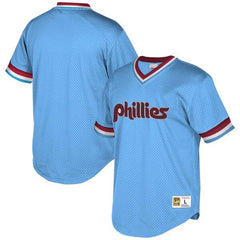 Philadelphia Phillies Mitchell &amp; Ness Cooperstown Collection Mesh Wordmark V-Neck Jersey – Light Blue 2019