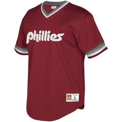 Philadelphia Phillies Mitchell & Ness Youth Cooperstown Collection Mesh Wordmark V-Neck Jersey – Burgundy 2019