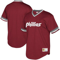 Philadelphia Phillies Mitchell &amp; Ness Youth Cooperstown Collection Mesh Wordmark V-Neck Jersey – Burgundy 2019