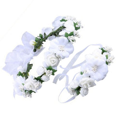 2Pcs Flower Wreath Crown Adjustable Floral Headband Garland with Flower Wristband for Wedding Festival Party