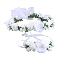 2Pcs Flower Wreath Crown Adjustable Floral Headband Garland with Flower Wristband for Wedding Festival Party