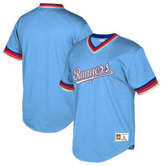 Texas Rangers Mitchell &amp; Ness Cooperstown Collection Mesh Wordmark V-Neck Jersey – Light Blue 2019