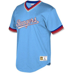 Texas Rangers Mitchell & Ness Youth Cooperstown Collection Mesh Wordmark V-Neck Jersey – Light Blue 2019