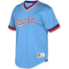 Image of Texas Rangers Mitchell &amp; Ness Youth Cooperstown Collection Mesh Wordmark V-Neck Jersey – Light Blue 2019