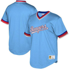 Texas Rangers Mitchell &amp; Ness Youth Cooperstown Collection Mesh Wordmark V-Neck Jersey – Light Blue 2019